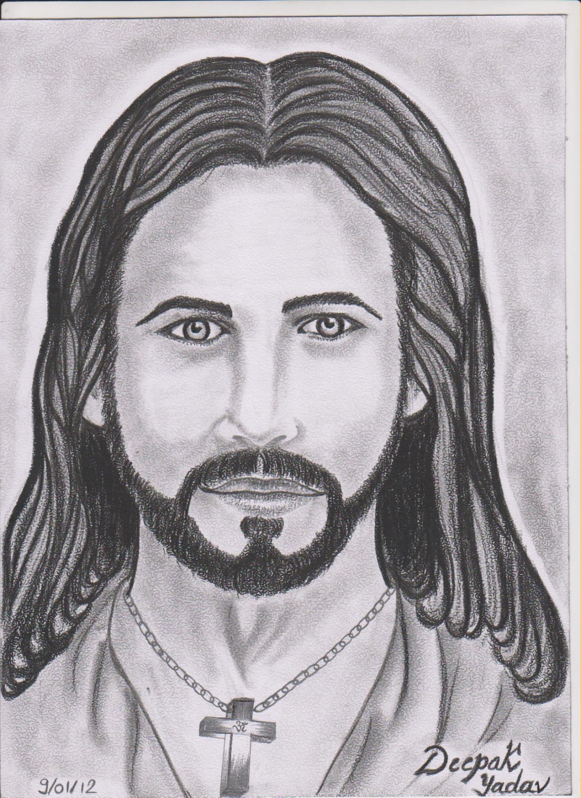 Pencils drawing of Jesus on vintage paper, with ornament on clothing. eye  contact. Stock Photo by ©JozefKlopacka 99189928