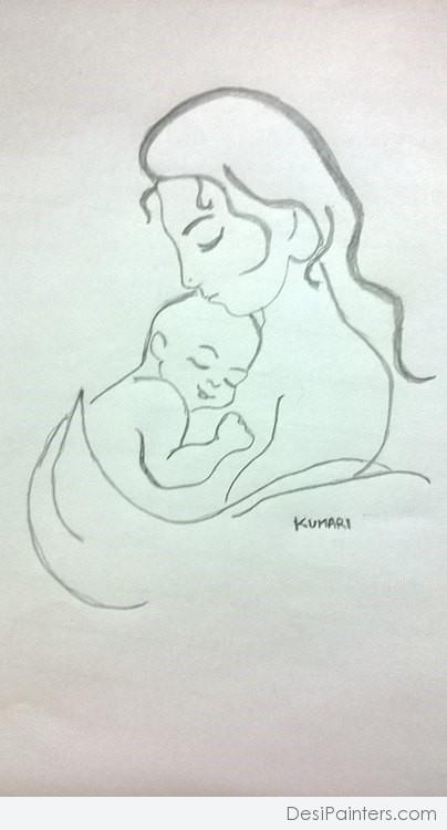 Mother And Child, Drawing by Sanjay Punekar | Artmajeur