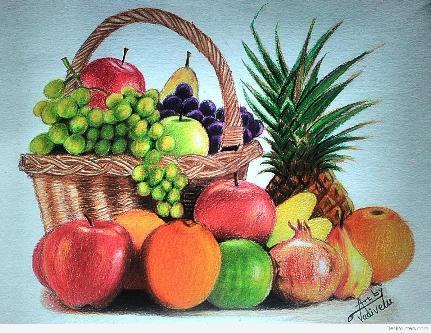 Pencil Color Sketch Of Fruit Bucket | DesiPainters.com