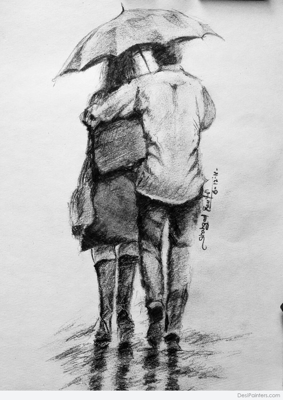 Pencil Sketch Of A Couple In Rain DesiPainters