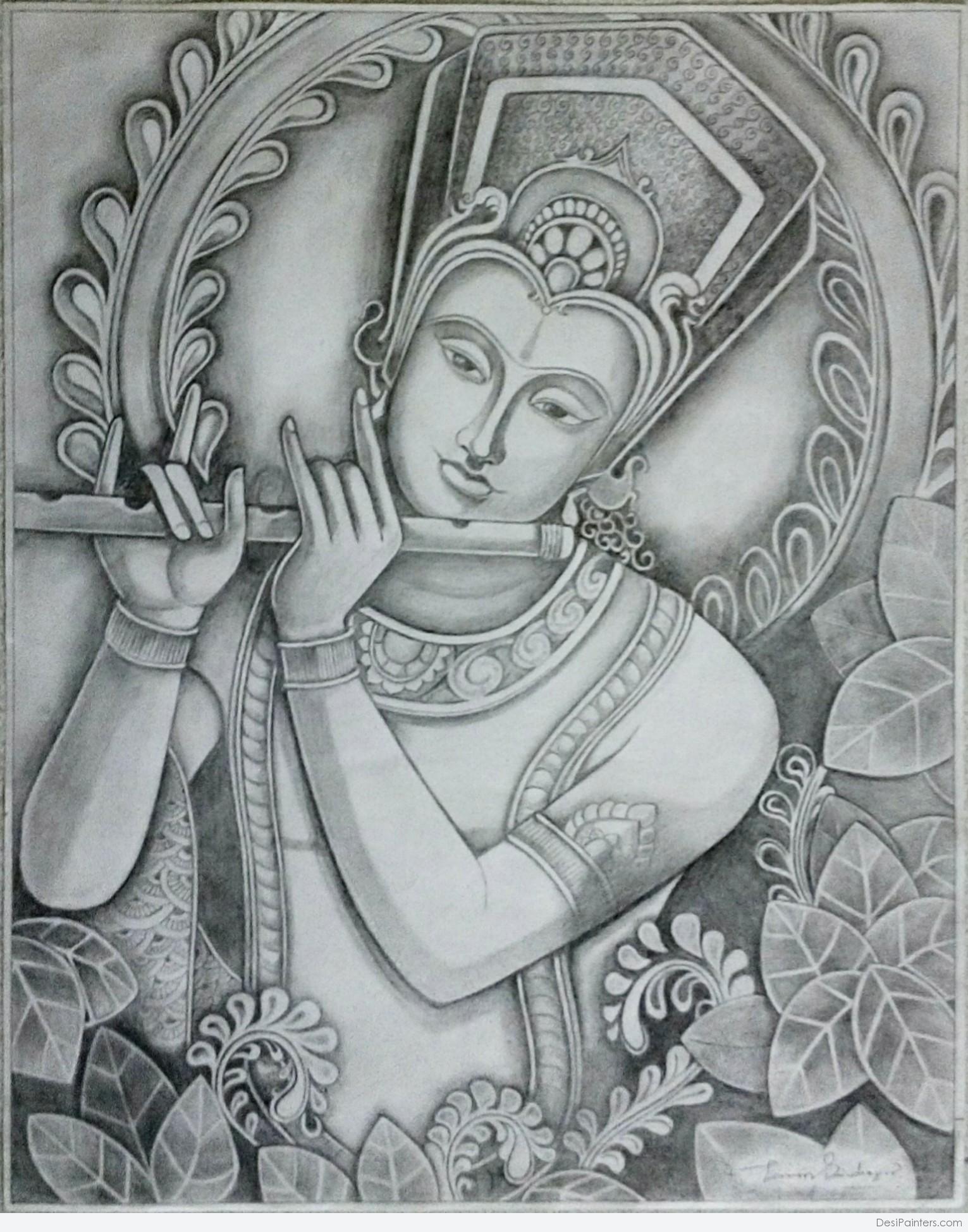 Wonderful Pencil Sketch Of Lord Krishna DesiPainters.com