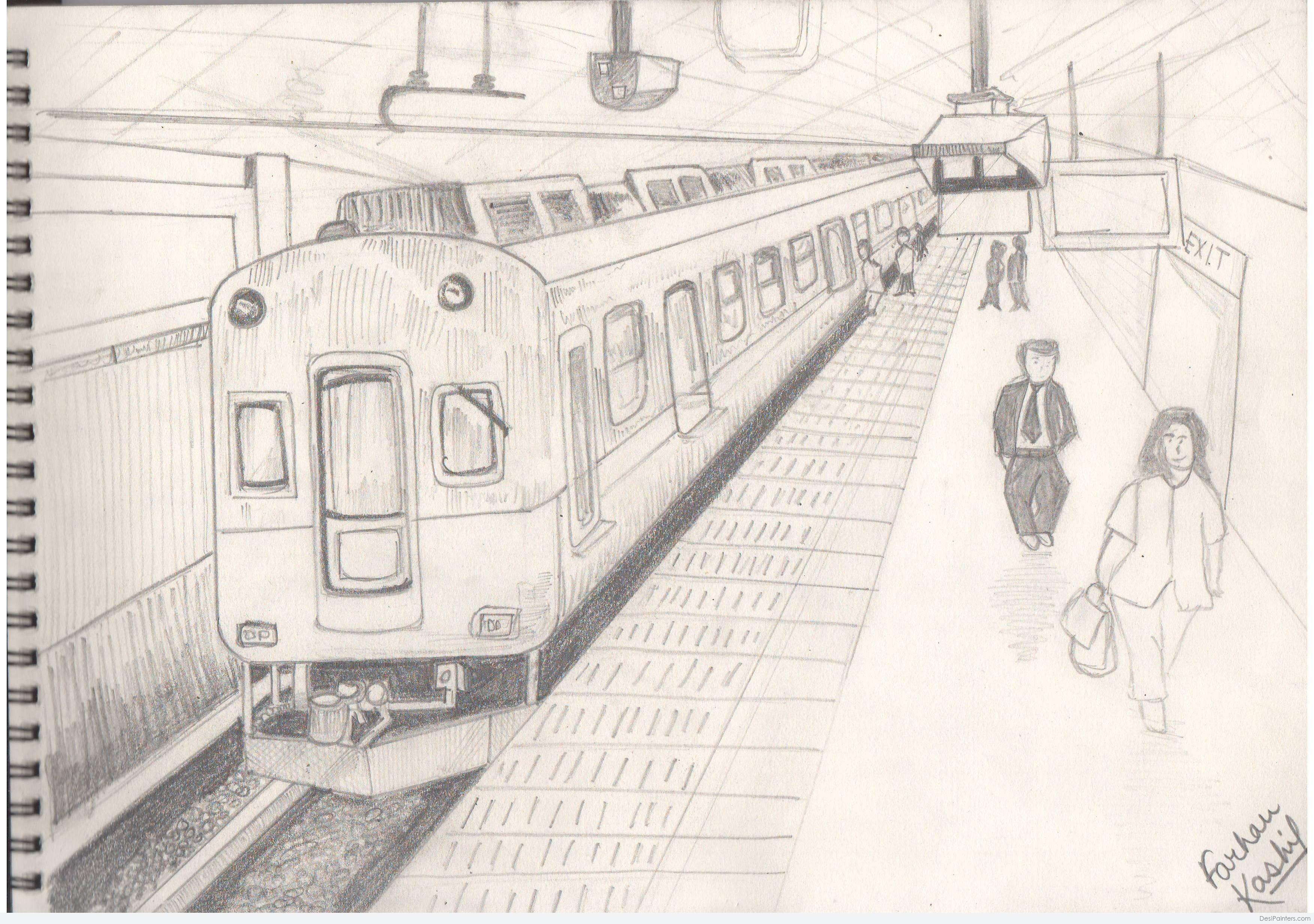 Pencil Sketch Of Railway Station By Farhan Kashif Jeelani Desi Painters