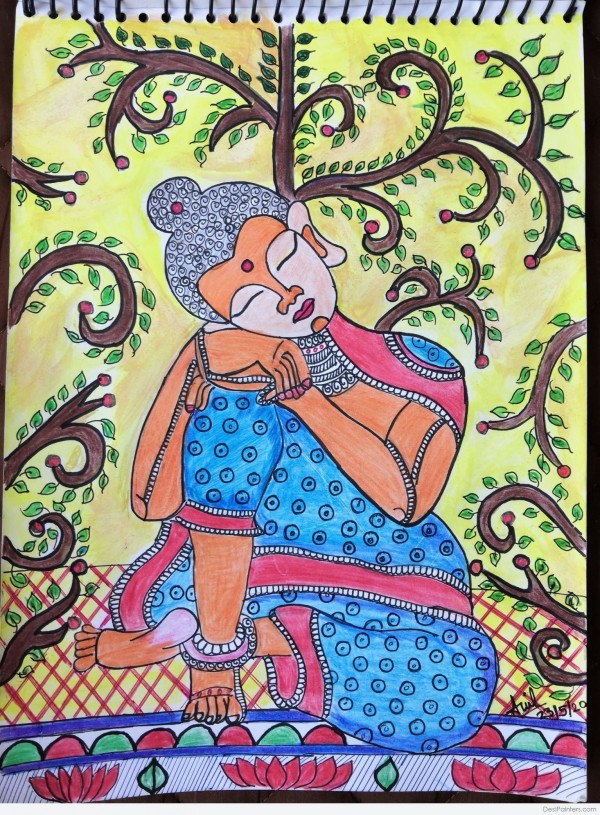 Colorful pencil sketch of Lord Budha