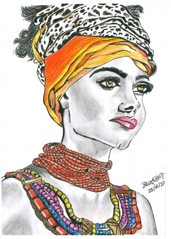 Colorful sketch of beautiful lady with ornaments