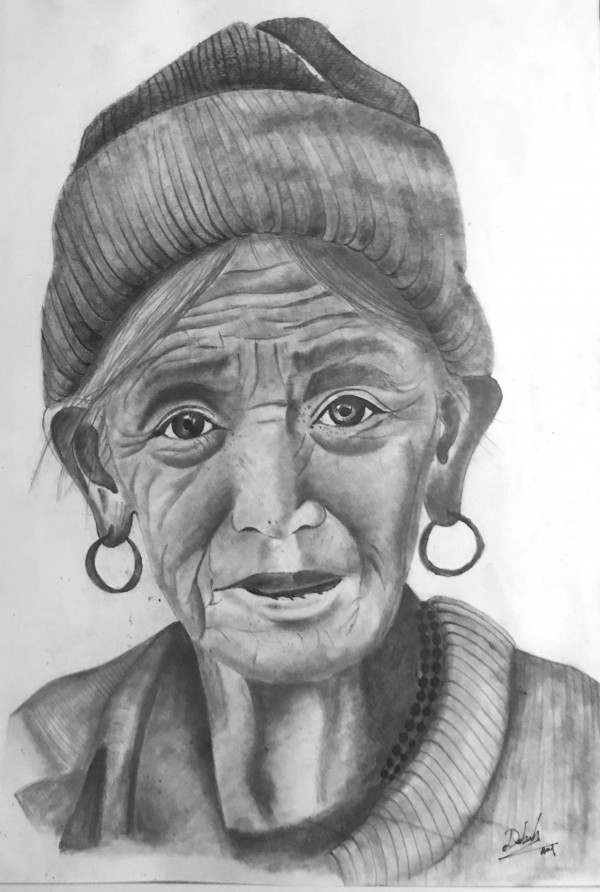 Pencil sketch of nepali old women...