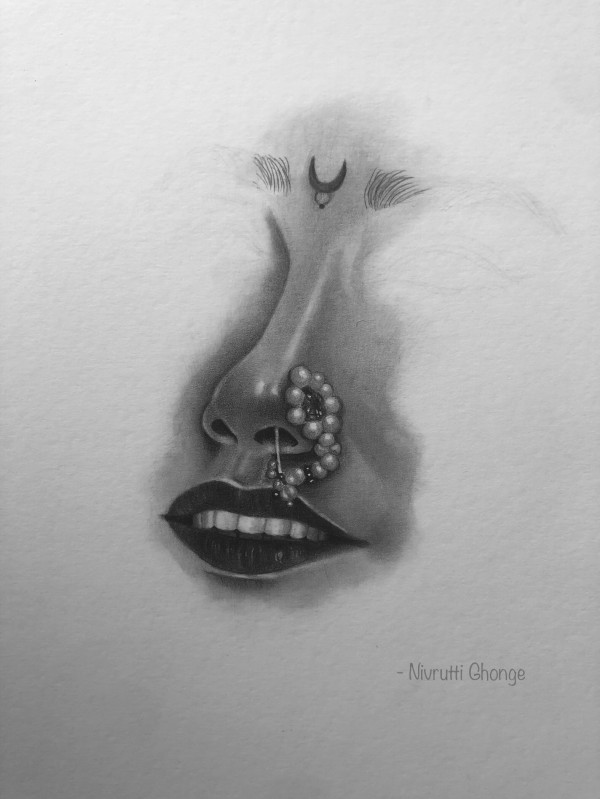 Pencil sketch of Nose of an Indian Marathi girl with nathani by Nivrutti Ghonge